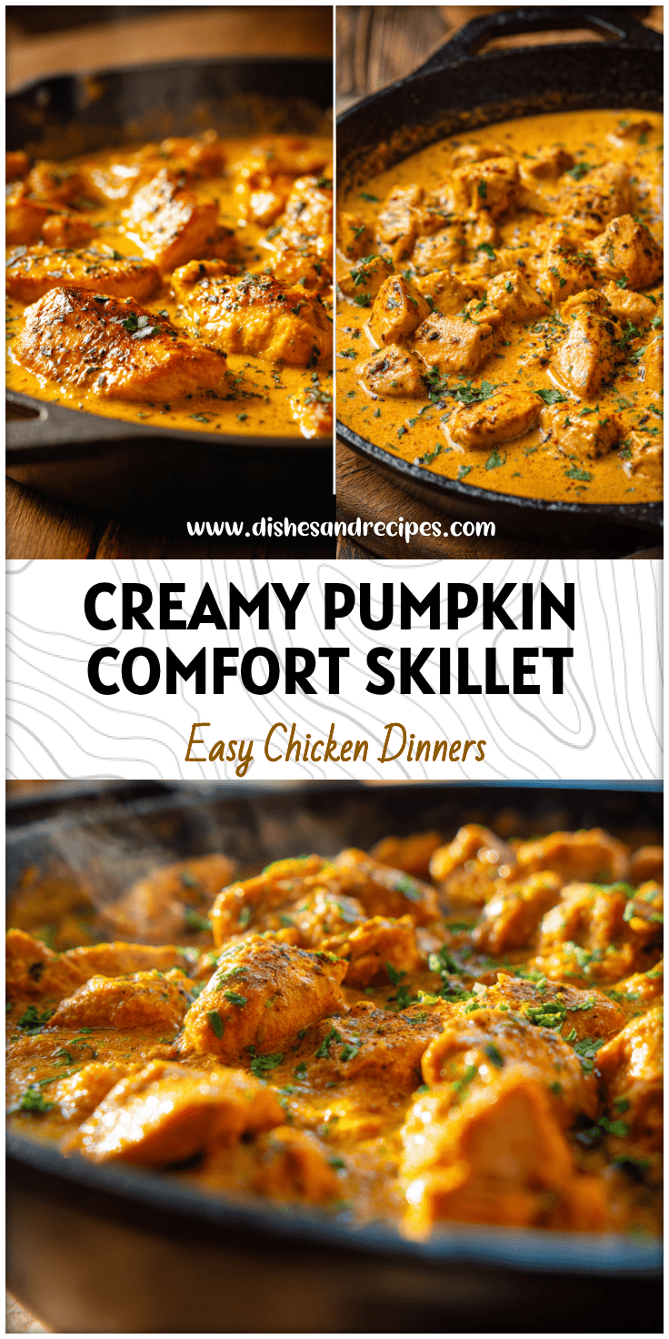 Golden chicken simmered in creamy pumpkin curry sauce topped with herbs in a fall-inspired skillet meal